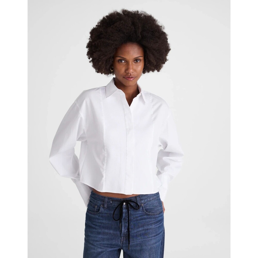 MADEWELL Straight-Hem Shirt XXS White Cotton Poplin Crop Boxy Button-Up NWT B32